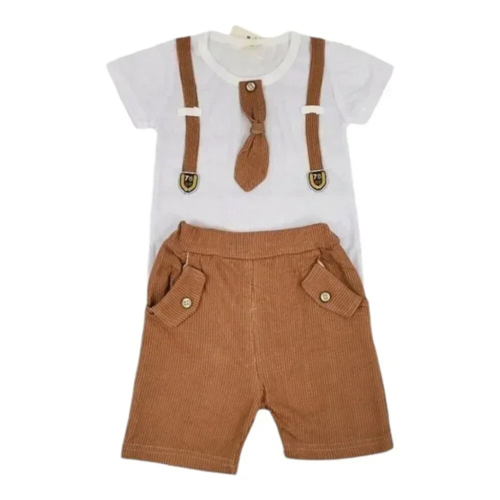 9-12M Brown Faux Suit Shorts Baby Boys 2 pcs Outfit. T-Shirt and Shorts Set
